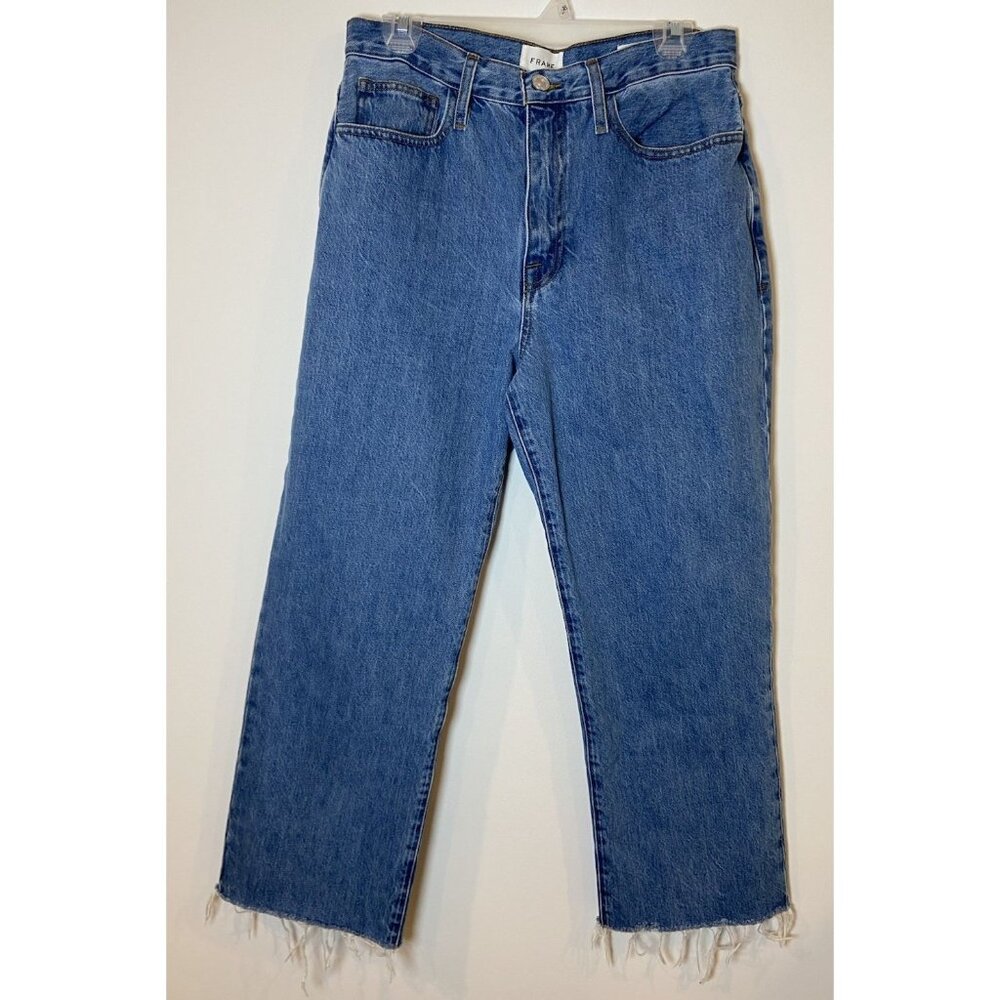 Frame Le Jane Crop Straight Leg Jeans in Medium Blue with Raw Hem